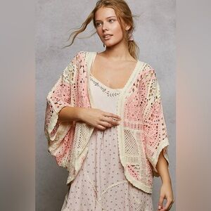 POL Pink and Cream Crochet Poncho